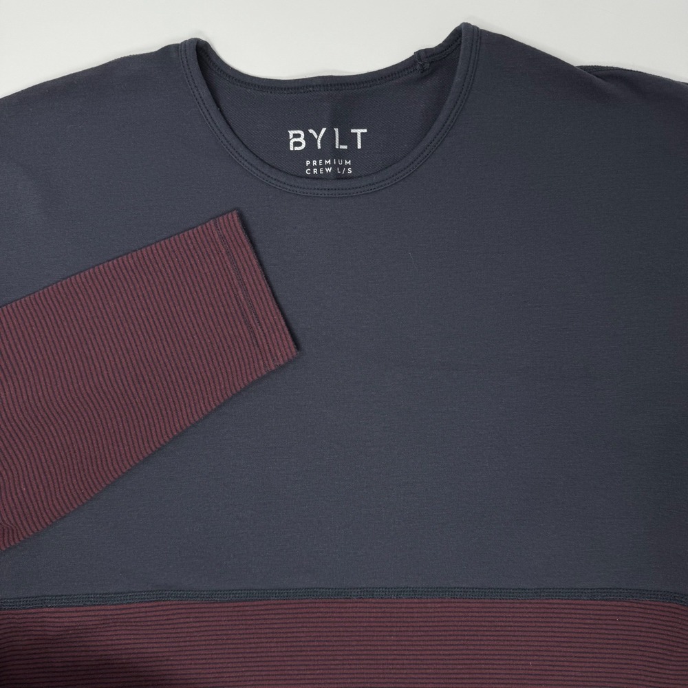 BYLT Premium Crew Long Sleeve Shirt Mens Small Navy Burgundy Striped Colorblock